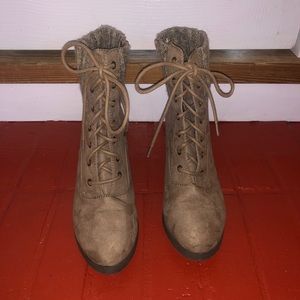 Light Brown Suede Wedged Lace-Up Booties